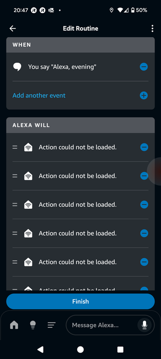 Screenshot showing the Alexa app which is showing the actions a routine will perform each routine line, of which there are many, says "action could not be loaded".