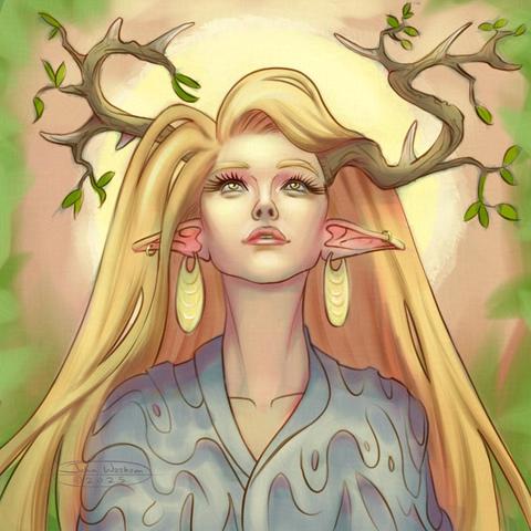 Woman with elf ears and antler/branch hybrids.