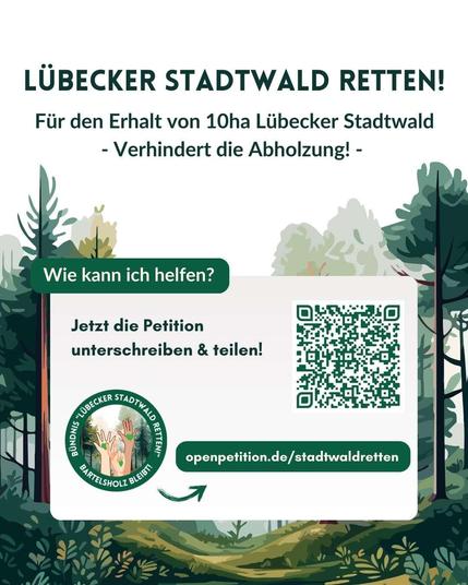 Ein stilisierter Wald im Hintergrund auf welchem Informationen zu einer Veranstaltung stehen (wie auf einem Plakat). Oben steht eine Überschrift: "Lübecker Stadtwald retten!
Für den Erhalt von 10ha Lübecker Stadtwald - Verhindert die Abholzung! -"
Darunter befindet sich eine Box mit einer Frage betitelt: "Wie kann ich helfen" und in der Box befindet sich das Logo der Initiative sowie der Text "Jetzt die Petition unterschreiben & teilen!" und daneben sowie darunter ein QR-Code folgender Link zur Petition: https://openpetition.de/stadtwaldretten