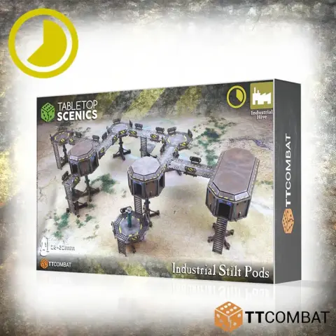 A box for the "Industrial Stilt Pods" set from TTCombat features a detailed illustration of modular pods, stilts, and walkways arranged in an elevated complex. The design includes one large pod and two smaller pods connected by five walkways and six platforms, all set against a textured ground. The packaging prominently displays the TTCombat logo and the "Industrial Hive" branding.