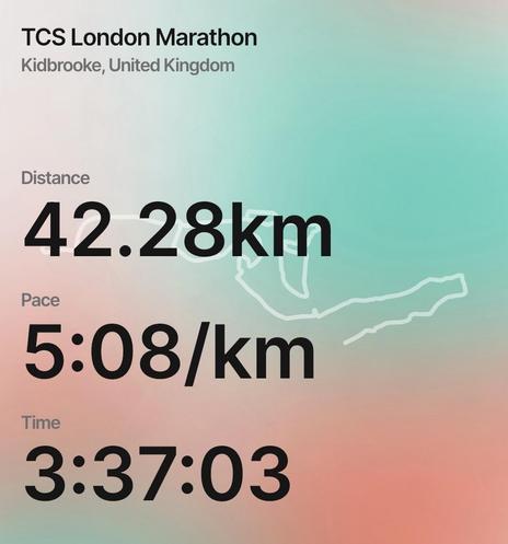 Image displaying race data for the TCS London Marathon. Includes details: distance of 42.28 km, pace of 5:08/km, and total time of 3:37:03. Background features a gradient design.