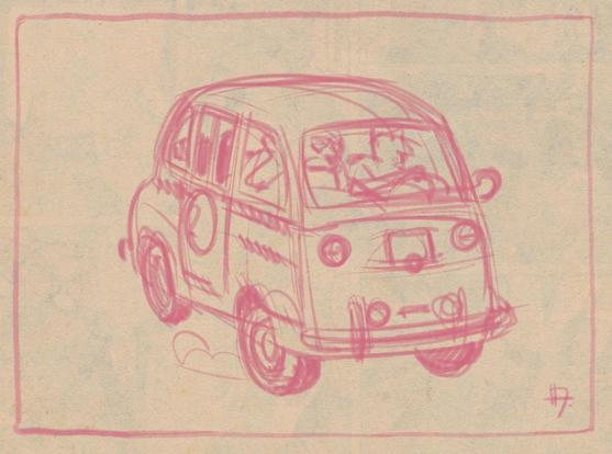 Esboço digital, lápis rosa sobre fundo creme (papel jornal velho); Max e John a bordo de um Fiat 600 Multipla.