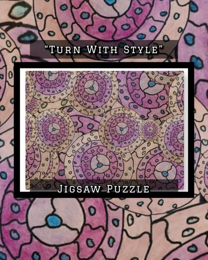 bright purplish pinks and lovely blues in a series of seemingly rotating cycles. On a jigsaw puzzle.