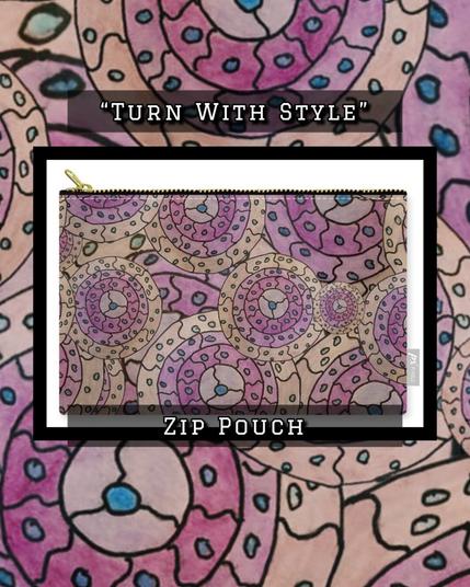 bright purplish pinks and lovely blues in a series of seemingly rotating cycles. On a zip pouch.
