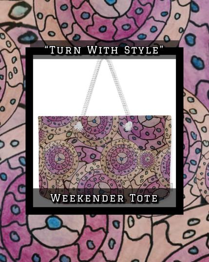 bright purplish pinks and lovely blues in a series of seemingly rotating cycles. On a weekender tote.