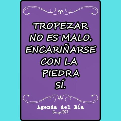 La imagen es un diseño digital con un fondo turquesa claro y un recuadro central de color morado oscuro con bordes redondeados. Dentro del recuadro morado, centrado y en letras mayúsculas blancas con un contorno negro, se lee la frase:

TROPEZAR
NO ES MALO.
ENCARIÑARSE
CON LA
PIEDRA
SÍ.

En la parte superior e inferior del recuadro morado, hay adornos curvilíneos de color blanco. Debajo de la frase, también en color blanco, se lee:

Agenda del Día
Gmcp1977