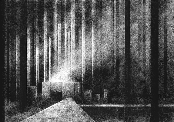 MsPaint black and white landscape depicting a foggy forest with a concrete shape in the middle.