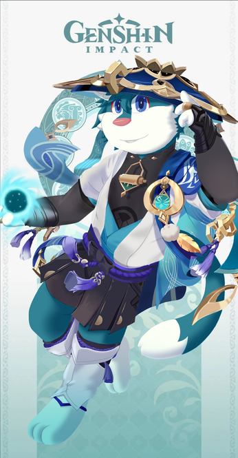 A digital drawing of my fursona Tempest portrayed at the character Scaramouche from the game Genshin Impact.