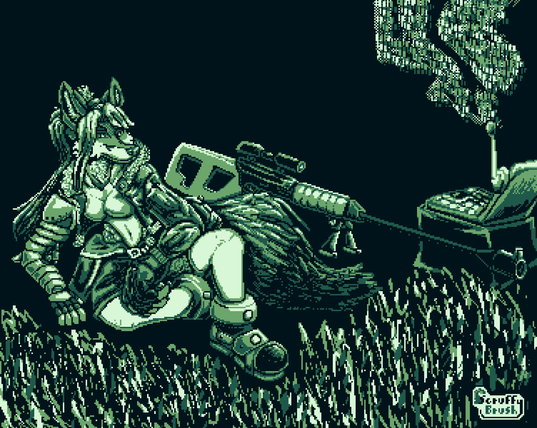An anthropomorphic vixen patiently sitting in the grass next to a huge sniper rifle and laptop broadcasting a storm of bits