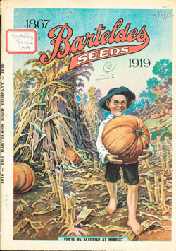 The image is a vintage seed catalog cover for Barteldes Seeds, dated 1919, with a handwritten note indicating "Bartelde's Seed Co. 1919" in the top left corner. The cover features a colorful illustration of a young boy holding a large pumpkin in a field. The boy is wearing a wide-brimmed hat, a white shirt, and dark shorts, and is barefoot. The background shows a field with corn stalks and other pumpkins, suggesting a harvest scene. The sky is a light blue, and there are trees in the distance. The text "Barteldes SEEDS" is prominently displayed in large, stylized red letters at the top, with the years "1867" and "1919" on either side. At the bottom, the phrase "YOU'LL BE SATISFIED AT HARVEST" is written in a blue banner. The overall color scheme is warm, with earthy tones and vibrant greens and oranges.

Provided by @altbot, generated privately and locally using Ovis2-8B