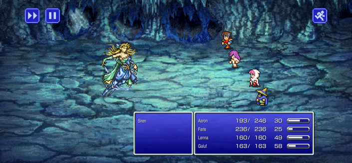 The blue screen in a game showing three characters. One is casting magic, one is wielding an axe and the other is holding a bow and arrow. They are surrounded by craggy rock walls with water dripping from them. At the bottom of the screen theres a yellow health bar, a blue mana bar, and two red bars for Tp and Hp. The perspective is first-person.
