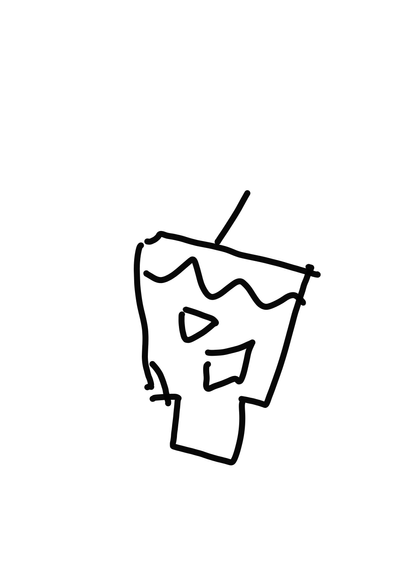 A poorly drawn ice coffee cup small bottom wide top two ice cubes black and white only