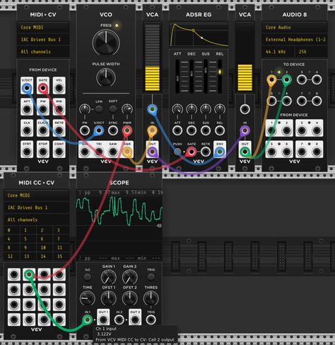 A screenshot of a basic VCV Rack 2 patch controlled by the IAC virtual driver on my Mac. It shows the MIDI-CC>CV module connecting CC 1 (mod-wheel) with the pulse width modulation CV of the VCO.