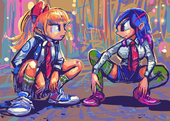 pair of high-school-esque street thugs with sullen expressions squatting strangely in a vaguely urban type environment