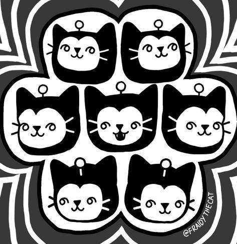 Seven black-and-white drawings of a cartoon cat's head, each facing a different direction. The cat is wearing a black hood with a single antenna. The heads are arranged in a flower-shaped pattern, with gray concentric lines surrounding them.