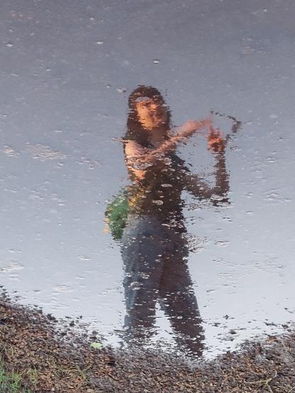a photo of the reflection in a puddle of our nature guide giving an enthusiastic lecture, reversed so that the reflection appears rightside up