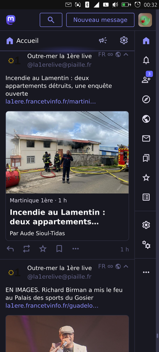 Capture d'écran de mon fil mastodon, 2 publications à la suite du compte la1erelive:

- Incendie (...) une enquête est ouverte
- Richard Birman a mis le feu