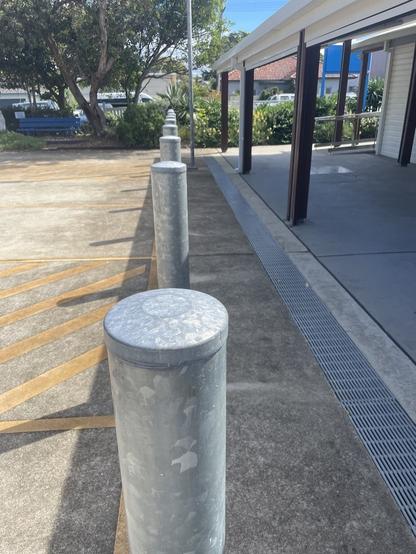 Serious bollards against cars, seen in Sawtell, NSW