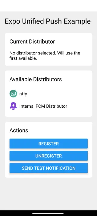 Screenshot of my new project, where you can see a test app for the Android library Unified Push with the Expo App Framework. It features the use of different push notification distributors and a button to test notifications