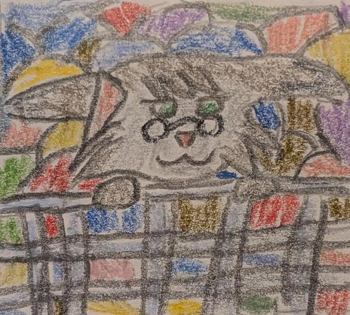 Color pencil drawing of Silva Leon, an anthro cat woman OC, hiding in a basket of laundry, waiting to strike.