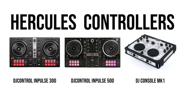 An image of the Hercules DJControl Inpulse 300, the Hercules DJControl Inpulse 500, and the Hercules DJ Console Mk1 on a white background.