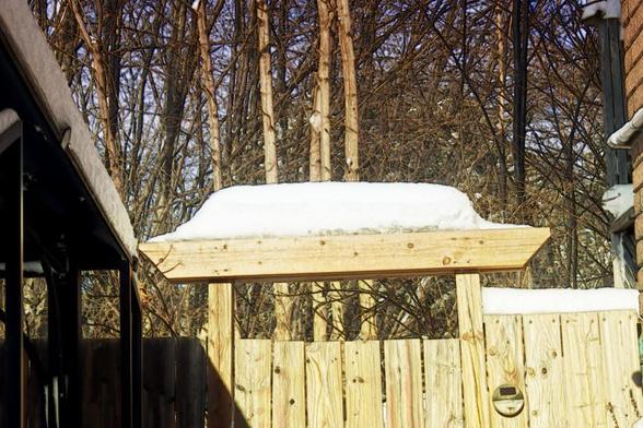 Snow piled on the top of a Japanese style gate, behind it is a mix of trees. Foreground to the left is the supported roof of a metal gazebo, and to the right is the brick wall of a house.