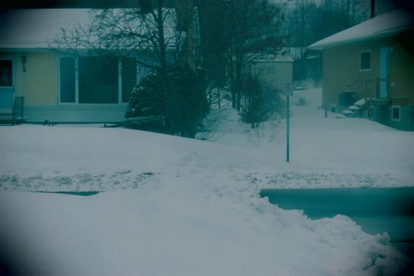 In the background, the gap between two houses, their roofs are snow covered as is their yards. The pavement of the road is partially visible, as is the snowplow cut in snow at the roadside.
In the foreground is snow on a yard and a heap of snow at the corner of a driveway on the right.