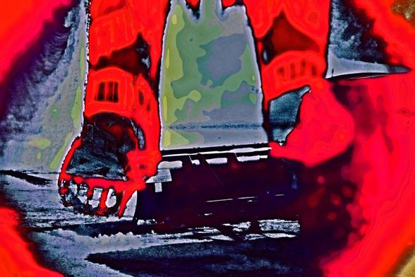 Photo composite in vivid poster reds of the plow at the front of a pickup-truck - a pattern of cartoonish legs are layered on top of the truck photo.