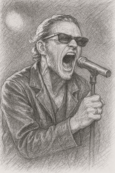 A detailed pencil-style sketch shows Layne Staley, the late lead singer of Alice In Chains, passionately singing into a microphone. He wears sunglasses and a loose, open jacket, with his mouth wide open mid-scream, emphasizing the raw emotion he was known for. His hair is slicked back, and veins in his neck are visible from the intensity. The shading is rough and energetic, capturing the gritty feeling of his performances. The artwork was created with AI to resemble a hand-drawn portrait.
