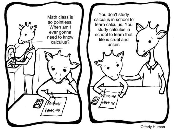Child: Math class is so pointless, when am I ever gonna need to know calculus?
Parent: You don't study calculus in school to learn calculus. You study calculus in school to learn that life is cruel and unfair.