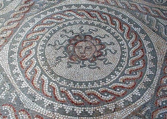 mosaic art at Bignor Roman villa, UK.