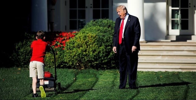 Donald Trump yelling at Barron, presumably, for some reason, as if he ever needs one, on the WH lawn