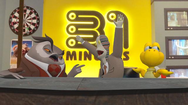 An owl anchorman arguing with Tulio Trivino while there is a Koopa Troopa present shrugging it. Just like any news station, huh?