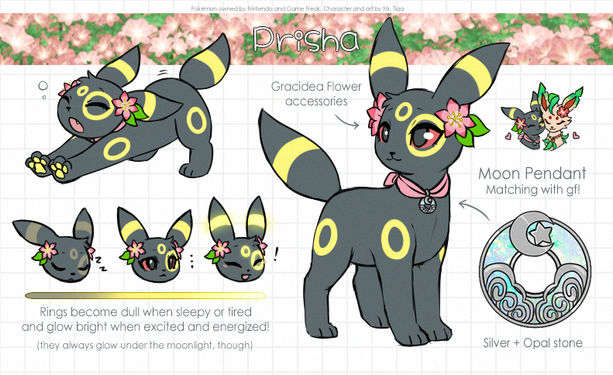 Digital drawing of an umbreon (black mammal pokémon with yellow rings on body). She has a smaller and chunkier body, as well as a extra yellow ring on her left eye. She wears two gracidea (pink) flowers on each side of hear head, and a pink scarf with a silver pendant on her neck.