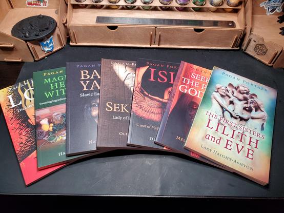 Photo of seven books from the Pagan Portals series spread across a desk.