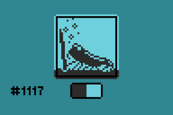 1-bit pixel art of a shrimp underwater holding a pencil.