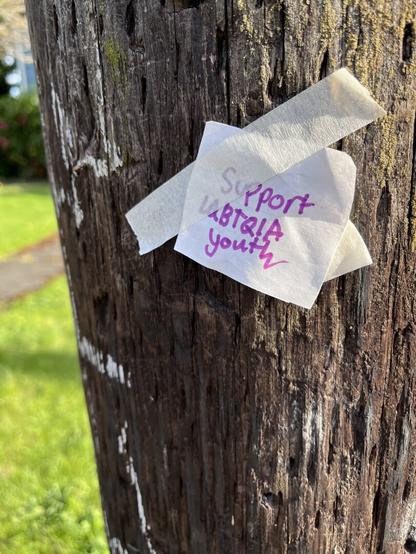 Photo of a utility pole. Someone taped a small piece of paper to it, on which is written in pink marker: “Support LGBTQIA youth”