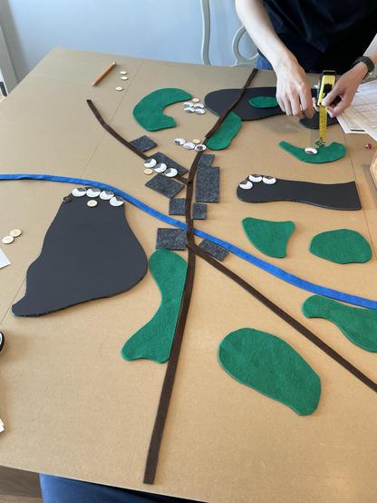 A tabletop scene featuring a model landscape created with various colored felt pieces. There are green, black, and blue shapes representing forests, hills, and water. Brown strips symbolizing roads. Small circular tokens represent the tanks.