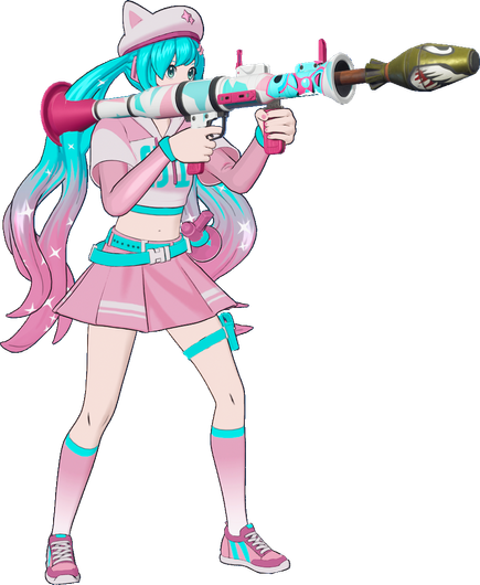 Hatsune Miku from Fortnite wearing trans flag colored outfit while aiming a rocket launcher.