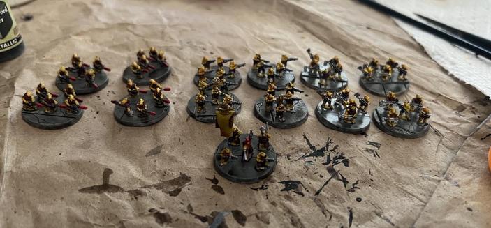 Legion Imperialis Mechanicum miniatures. 

All using speed paints, Moody Mauve and Ancient Honey with Broadsword Silver guns. 

4 squads of solar auxiliary troops with lasrifles
4 squads of solar auxiliary troops with flamers
4 squads of elite veletarii with axes
1 commander