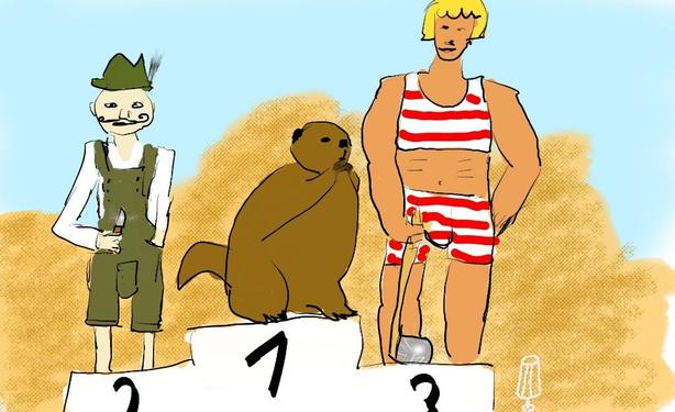 Zeichnung, digital: ein Siegerpodest. Auf dem ersten Platz ein Bieber, auf dem zweiten Platz ein dürrer älterer Mann in Lederhose und gamsbarthut, mit einem kleinen Messer in der Hand. Auf den dritten Platz ein muskulöser Typ in Athletenkleidung. Im Hintergrund Berge von Hackschnitzeln.