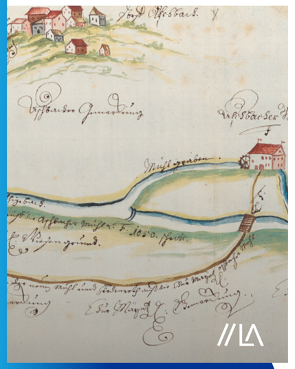 Lageplan, handgezeichnet, kleine Häuser und Mühlen