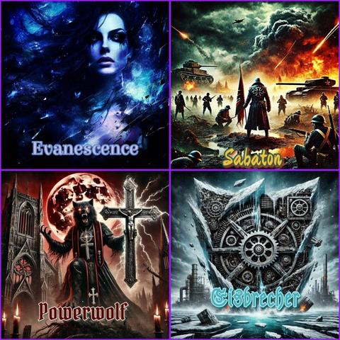 **Alt Text:** The image is divided into four album covers, each representing a rock or metal band: - *Evanescence*: A dark, moody design with blue tones and the band's name in elegant text. - *Sabaton*: An action-packed war scene with tanks, fire, and bold yellow lettering. - *Powerwolf*: A gothic cover featuring a werewolf in front of a cathedral under a red moon. - *Eisbrecher*: A frosty industrial theme with icy textures and mechanical elements.