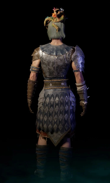 Rear view of Avowed’s Carmen Miranda-inspired armor