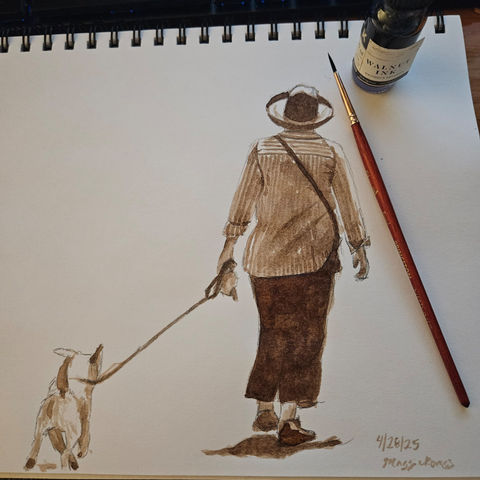 A walnut ink painting of a woman in a big hat, striped shirt, and black pants walking her small dog