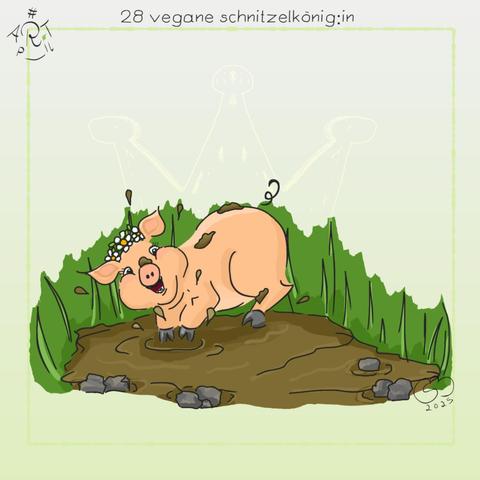 Farbige digitale Zeichnung. Im von Gras umgebenen Matsch hüpft ein Schwein. Es hat einen sehr freudigen Gesichtsausdruck und trägt einen Kopfschmuck aus drei weiß-gelben Blüten. Der Schlamm spritzt und hat bereits einige Flecken auf dem Schwein hinterlassen. Der Hintergrund ist blassgrün. Hinter der Szene ist die Silhouette einer Krone angedeutet.