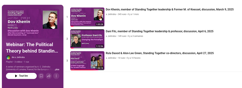 La playlist New Language for Israeli Politics – the Leaders of Standing Together about their Practical and Rhetorical Choices
constituée de 3 vidéos: