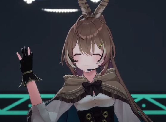 A screenshot from the end of Nanashi Mumei's last stream. She is seen smiling and waving to the camera.