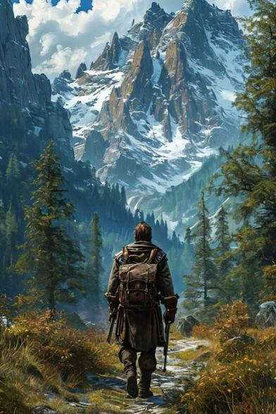 Personnage en tenue d'explorateur, sac à dos sur les épaules. Le personnage est vu de dos et arpente un chemin de pierre bordé de broussailles. De chaque côté des arbres à types de résineux. Devant lui les pentes de montagnes couvertes de forêt, en arrière plan une gigantesque montagne aux parois enneigées.