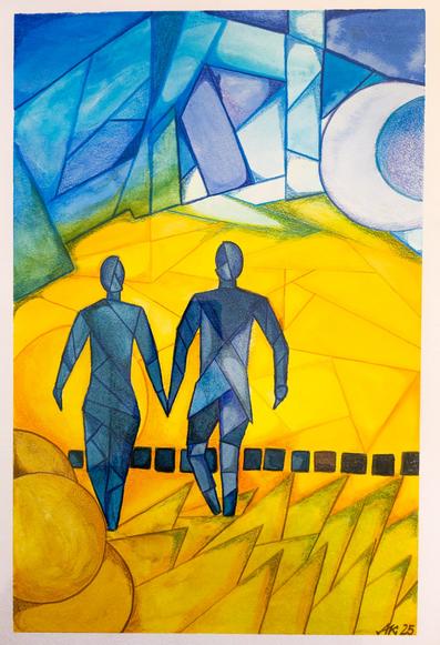Abstrakte Zeichnung mit Aquarellstift kubistisch inspiriert. Deutlich sind zwei Personen zu erkennen die Hand in Hand nebeneinander gehen. Die Personen sind in dunklen blautönen gehalten.  Ihre Umgebung ist  in orange . Der obere Drittel  ist in verschiedenen blau Tönen.